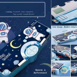Astronaut, Universe Print Multi Compartment Button Operated Magnetic Compass Box For Kids, Price For 1Pc | RP122 Art Plastic Pencil Box-image-85