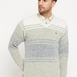 Men Self Design V Neck White Sweater-image-84