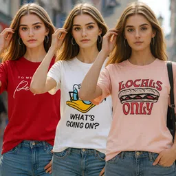 fabflee Pack of 3 Women Solid Round Neck Cotton Blend Multicolor T-Shirt-picture-30