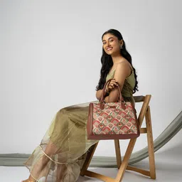 ZOUK Ethnic Motifs Printed Structured Jute Handheld Bag image 1