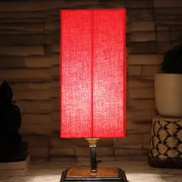 Devansh Red & Brown Cotton Square Table Lamp With Wood Base-3