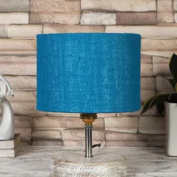 Devansh Turquoise Blue & White Textured Jute Table Lamp With Wood Base-58