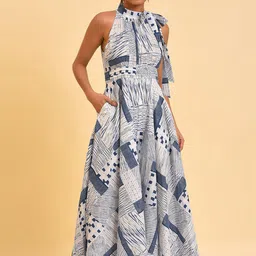W Blue & White Halter Neck Printed Pure Cotton Culotte Jumpsuit-45