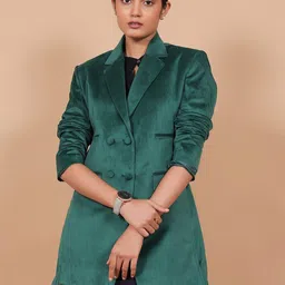 Talethread Notched Lapel Collar Double-Breasted Longline Cotton Velvet Casual Blazer-picture-11