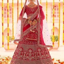 ODETTE Red & Gold-Toned Embroidered Thread Work Semi-Stitched Lehenga & Unstitched Blouse With Dupatta-image-39