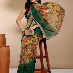 Anouk Green & Yellow Geometric Printed Pure Georgette Saree-image-53