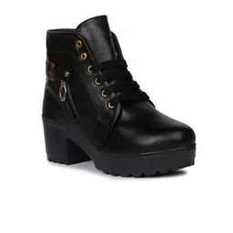 Longwalk Women Black Solid High-Top Platform Heeled Boots with Buckles-6