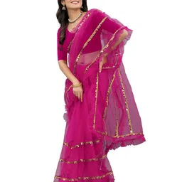 BARKIYA CREATION Sequinned Net Leheriya Saree With Ruffled Border image 4