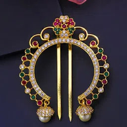 Yellow Chimes Women Gold-Plated Red American Diamond Studded Bun Pin-25