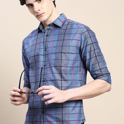 SHOWOFF Standard Slim Fit Checked Spread Collar Long Sleeves Cotton Casual Shirt-image-77