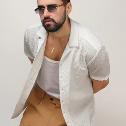 Campus Sutra White Classic Geometric Self Design Cuban Collar Casual Shirt-image-45