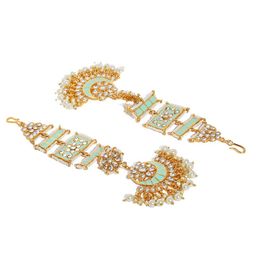 Zaveri Pearls Gold-Plated & Sea Green Crescent Shaped Kundan Studded Chandbalis image 3