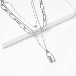 Vembley Silver-Plated Heart Lock Pendant Triple Layered Necklace-15
