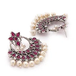 Rubans Oxidised Silver-Toned & Red Handcrafted Crescent Shaped Chandbalis image 2