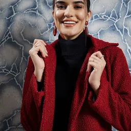 Athena Maroon Woollen Textured Front-Open Overcoat image 5