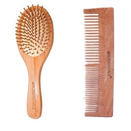 OROSSENTIALS Set Of 2 Wooden Oval Hair Brush & 2 In 1 Comb-4