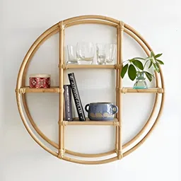 akway Beige Textured Floating Bamboo Round Wall Shelves-45