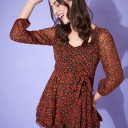Berrylush Black Floral Printed Sweetheart Neck Tie Up Layered Playsuit-image-43