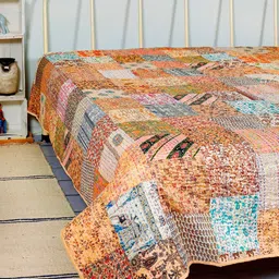 HANDICRAFT PALACE White & Peach Printed Kantha Patchwork Silk Double Size Bed Cover-image-75