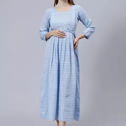 DUMMY SHAPE Striped Maternity Pure Cotton Maxi Dress With Belt-image-67