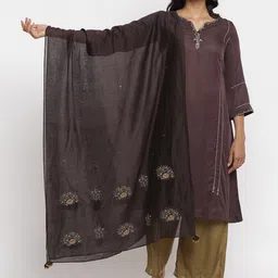 W The Folksong Collection Women Brown Embroidered with Sequinned Dupatta-image-12