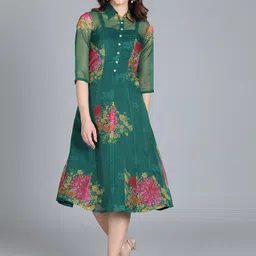 Ethnovog Floral Printed Fit & Flare Shirt Collar Midi Dress-image-72