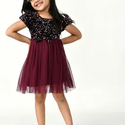 Bella Moda Girls Maroon & Black Colourblocked Fit and Flare Dress-image-57