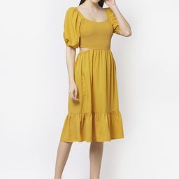 BLANC9 Cut-Outs Smocked Puff Sleeves Fit And Flare Dress-image-0