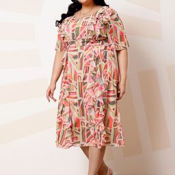 Athena Ample Plus Size Abstract Print Ruffled Georgette A-Line Midi Casual Dress image 5