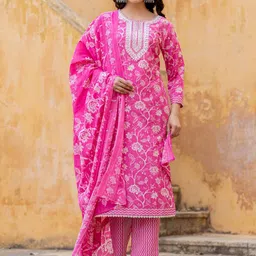 Varanga Floral Printed Regular Thread Work Kurta with Trouser & Dupatta image 1
