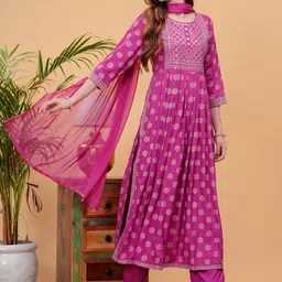 NEW4U Floral Embroidered Regular Sequinned A-Line Kurta With Palazzos & Dupatta image 1