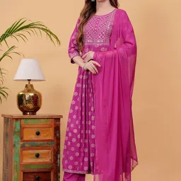 NEW4U Floral Embroidered Regular Sequinned A-Line Kurta With Palazzos & Dupatta image 4