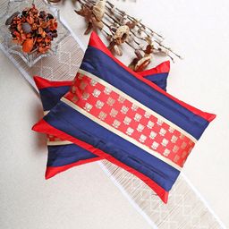 ANS Set Of 2 Red & Blue Woven Design Brocade Rectangle Cushion Cover-12