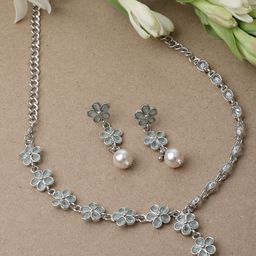 ZENEME Rhodium-Plated American Diamond And Pearl  Studded Floral Jewellery Set-39