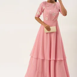 Ethnovog Pink Floral Georgette Maxi Dress-image-43