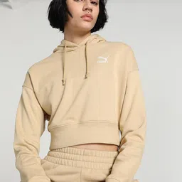 Puma Classics Logo Printed Cotton Cropped Hoodie-image-28