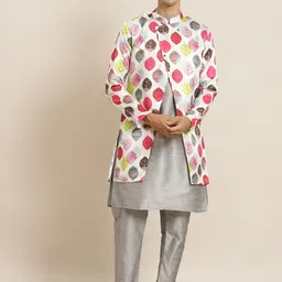 SOJANYA Men Grey & White Solid Kurta with Churidar & Floral Printed Jacket-7