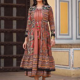 Juniper Ethnic Motifs Printed & Embroidered Fit & Flare Ethnic Midi Dress With Shrug-17