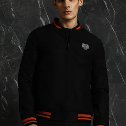 Breakbounce Black Stand Collar Bomber Jacket with Embroidered-10