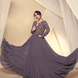 Inddus Shoulder Straps Maxi Ethnic Dresses with Floral Embroidered Jacket-picture-54