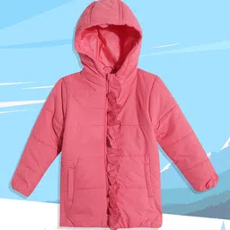 Miss & Chief Girls Peach-Coloured Solid Ruffled Hooded Padded Jacket-image-53