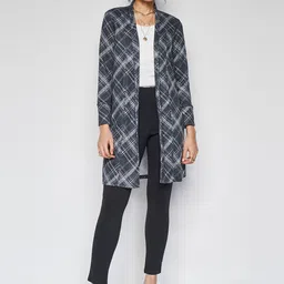 AND Checked Collarless Long Sleeves Longline Tailored Jacket-0