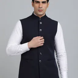 Greenfibre Men Mandarin Collar Solid Woollen Casual Tailored Jacket-image-23