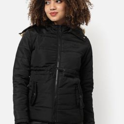 Campus Sutra Windcheater Puffer Jacket With Detachable Fur Hood-52