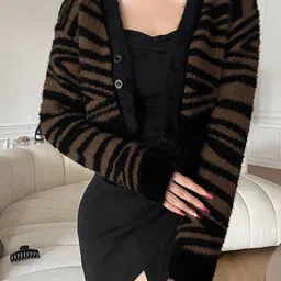 Stylecast X KPOP Brown & Black Animal Printed Front-Open Sweater-18