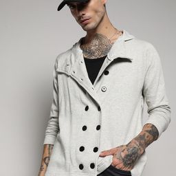 Campus Sutra Grey Long Sleeves Double-Breasted Windcheater Longline Tailored Jacket-image-96