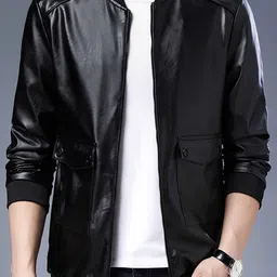 StyleCast x Revolte Men Stand Collar Solid Casual Leather Jacket-36