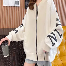 StyleCast White Typography Printed Stand Collar Insulator Open Front Jacket image 2