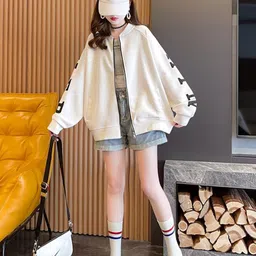 StyleCast White Typography Printed Stand Collar Insulator Open Front Jacket image 4