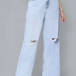 Flying Machine Women Wide Leg High-Rise Slash Knee Heavy Fade Jeans-image-82